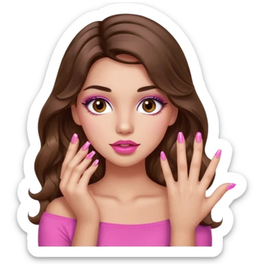 girl with long wavy brown hair, brown eyes, light to medium complexion, in a pink sexy top, pink lips, long lashes, puckered lips, showing my nails sticker