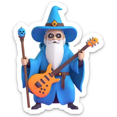 wizard with electric guitar staff, heavy metal, skull decorations sticker