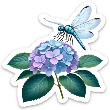 3D Realistic Still life, illustration ultraviolet color detailed Hydrangea macrophylla,  beautiful leaves,  highly detailed large size wings, cream, pale purple and teal colored dragonfly resting  sticker