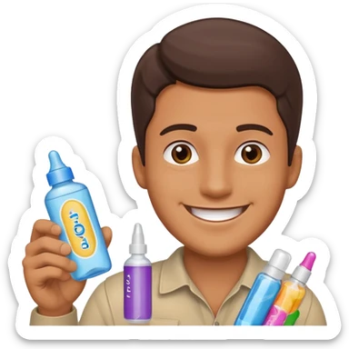 a guy with a dildo,condoms, and lube sticker