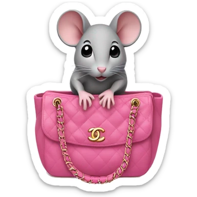 Grey mouse is sitting in a pink chanel bag sticker