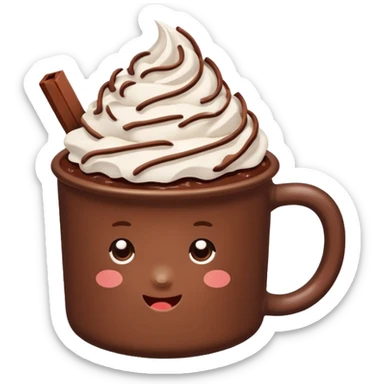 “hot chocolate emoji, whipped cream on top, chocolate shavings, cute, minimal, white background” sticker