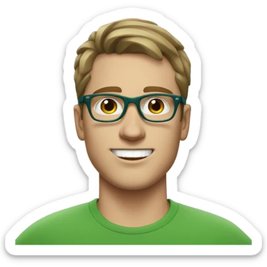 white young man with blue eyes and brown hair and square glasses wearing green t-shirt with headset sticker
