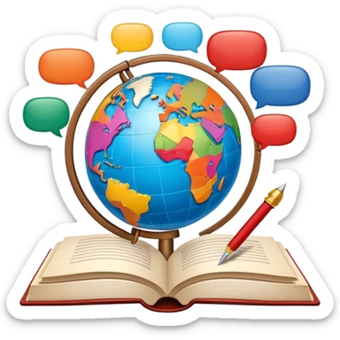 An icon showing a globe surrounded by speech bubbles with greetings in different languages, like 'Hello,' 'Hola,' and 'Bonjour.' The design includes an open book and a quill, symbolizing learning and communication. Transparent background emphasizes global connection through language. sticker