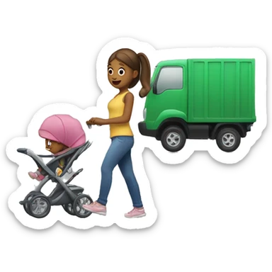 Girl pushing a double stroller in front of a truck  sticker