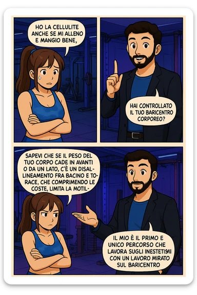 PRENDI SPUNTO DA QUESTO STILE FACENDO UN WEBTOON/MANGA:

LEI: Ho la cellulite anche se mi alleno e mangio bene, cosa posso fare?

LUI: Hai controllato il tuo baricentro corporeo?
LUI: Sapevi che se il peso del tuo corpo cade in avanti o da un lato, c’è un disallineamento fra bacino e torace, che comprimendo le coste, limita la motilità del diaframma e l’ossigenazione dei tessuti?
LUI: Il mio è il primo e unico percorso che lavora sugli inestetismi con un lavoro mirato sul baricentro corporeo. sticker