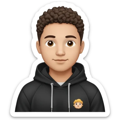 Latino man with light brown warm skin, round face, full cheeks, soft jaw, slight friendly smile, very short fade haircut, curly on top, medium eyebrows, medium eyes, straight nose, medium lips, black hoodie with white logo, practical and hardworking vibe sticker