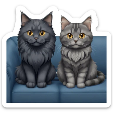 Portrait of a black smoke Maine Coon cat with long grey ear tufts, alongside a British Shorthair cat with a solid blue coat on sofa. Both cats with detailed fur textures and playful expressions. Soft, elegant background of room with warm, natural tones. Transparent background. sticker