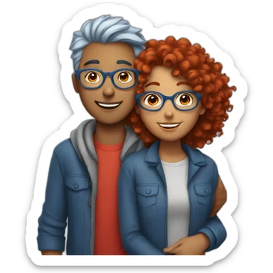 a girl with red curly hair and blue glasses hugging a boy with gray hair sticker