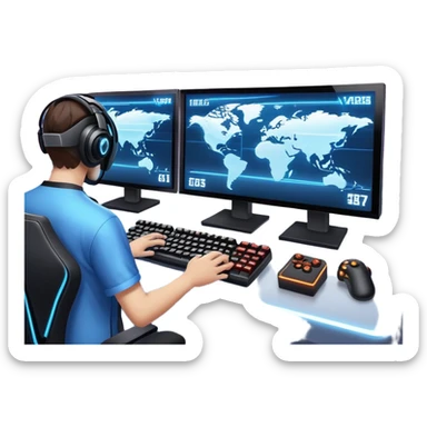 An icon featuring a gaming monitor displaying an intense esports competition, with players' hands on controllers and keyboards. A digital scoreboard and glowing energy lines surround the scene, symbolizing the excitement of competitive gaming. Transparent background highlights the world of esports. sticker