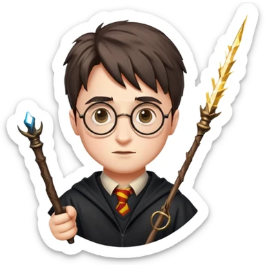 Harry Potter with round glasses, lightning scar, and wand sticker