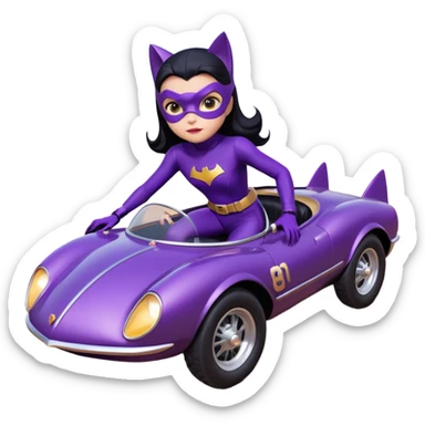 proportionally correct, real-appearance racing adult BatGirl’s feminine midnight-purple tight outfit sixty’s tv show 2032 stealth retro cat burglar sporty petite off-road pursuit floating black hover car with rose gold accents (black hair,reclined and relaxed seating position and attitude) sticker