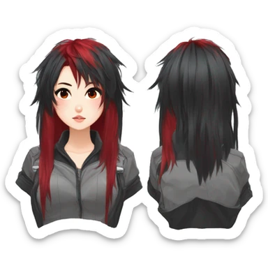 Gorgeous anime style tomboy-lady with blushing face aesthetic and pretty edgy black red punk hair with hair garment trending style sticker