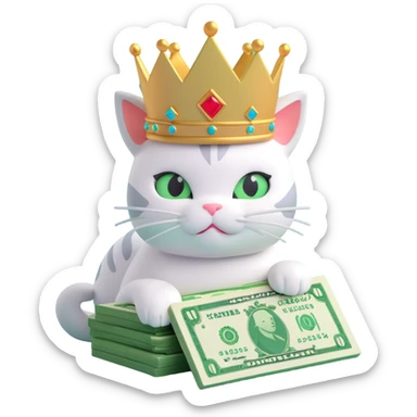 a very cute cat with a crown lying on greenish light green money sticker