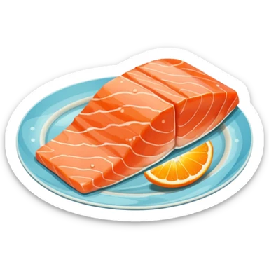 create a Slice of Salmon

Camera angle: slightly elevated top-down view with a gentle bird’s-eye perspective (about 15–20°), identical perspective and scaled do not add anything  on plate only the slice of salmon  sticker
