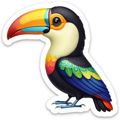 Cinematic Noble Toucan Portrait Emoji, Poised and regal, with a vibrant, striking beak and a sleek, colorful body adorned with bold patterns and keen, observant eyes, Simplified yet sharp and sophisticated features, highly detailed, glowing with a soft, tropical radiance, high shine, intelligent and majestic, stylized with an air of exotic elegance, focused and alert, soft glowing outline, capturing the essence of a watchful and confident avian guardian that appears ready to take flight out of the screen with effortless authority! sticker