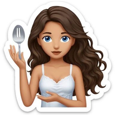Girl with olive skin, blue eyes, brown dark insanely wavy long hair, white camisole, left hand palm up server style sticker
