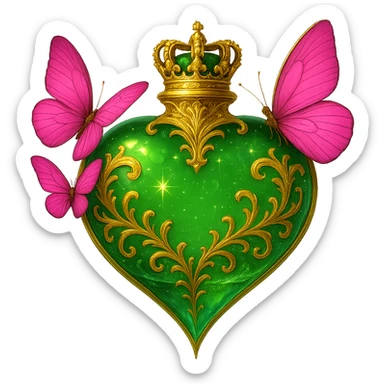 Edit the image of a crystal green heart-shaped bottle with golden details and pink butterflies attached. Add a small crown on top of the bottle as the stopper. Keep the bottle transparent with a beautiful merging bottom and make it appear floating in the air. The design should be elegant, bright, with crystal effects and glowing highlights. Maintain a transparent background with no base or shadow. sticker