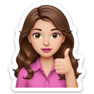 girl with long wavy brown hair, brown eyes, light to medium complexion, in a pink shirt, pink lips, long lashes, puckered lips, thumbs up sticker