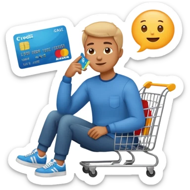 Emoji-style illustration of a person holding a credit card, hand on chin thinking. A thought bubble above the head showing clothes, sneakers, and a shopping cart, representing deciding whether to spend money. Clean, modern emoji style, bright colors, white or transparent background. sticker