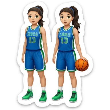 full body plus size light skin latino women basketball player with wavy dark hair in pony tail wide nose wearing blue uniform with green accent sticker