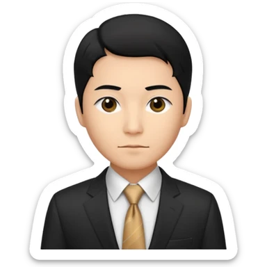 Chinese man, straight black hair, dark eyes, wearing a designer black suit sticker