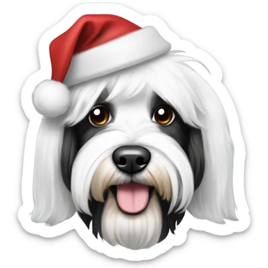 A black and white Tibetan terrier dog wearing a santa hat sticker