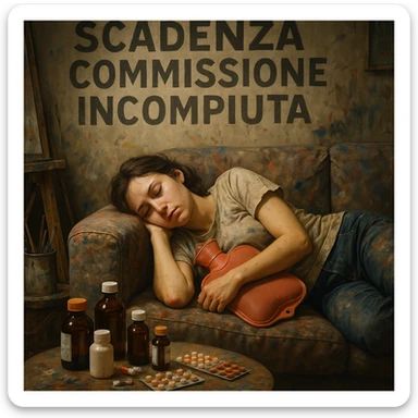 Young female artist asleep on a paint-stained sofa, above her the Italian text 'Scadenza commissione incompiuta', medicine bottles and hot water bottle arranged like war supplies, creative and chaotic atmosphere, hyperrealism 4K, visible tiredness, Italian text in the image. sticker