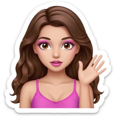 girl with long wavy brown hair, brown eyes, long lashes makeup, sexy pink lips, light to medium complexion, pink sexy top,slapping sticker