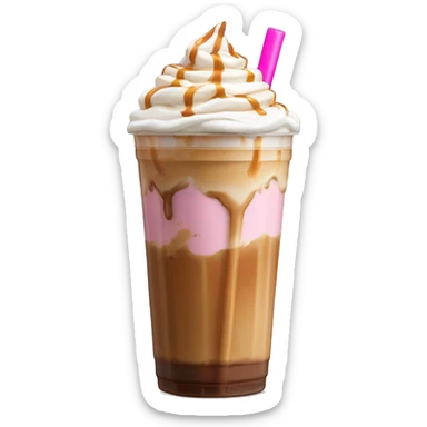 Caramel iced coffee with whipped cream and caramel drizzle with light pink straw sticker