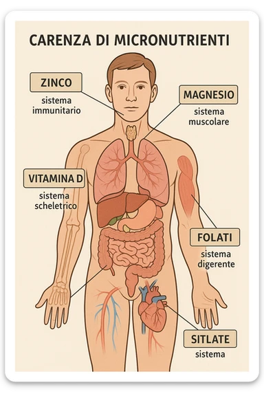 corpo umano in carenza di micronutrienti come zinco, magnesio, vitamina D, folati, in italiano sticker