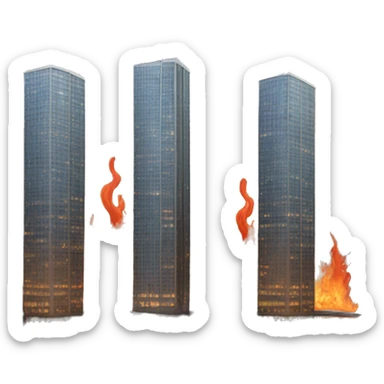 two identical skyscrapers, one on fire sticker