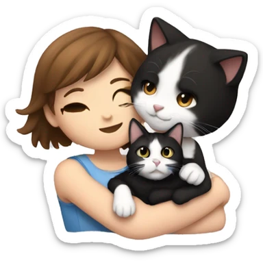 Girl with short brown hair cuddling with black and white cat sticker
