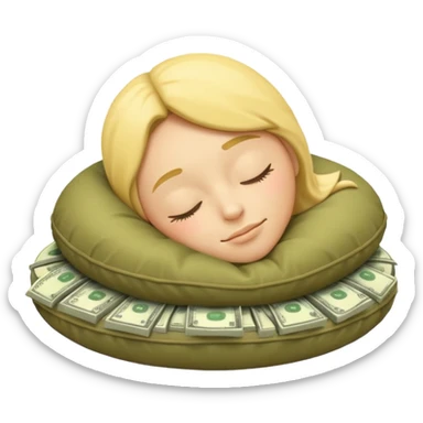 a round yellow IOS style emoji of a face sleeping on a pillow of money sticker