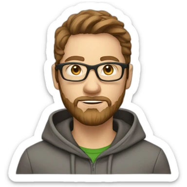 white male hacker with brown hair in the hoodie with nerd glasses and beard sticker