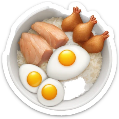 a bowl of rice with two eggs and two whole chicken sticker
