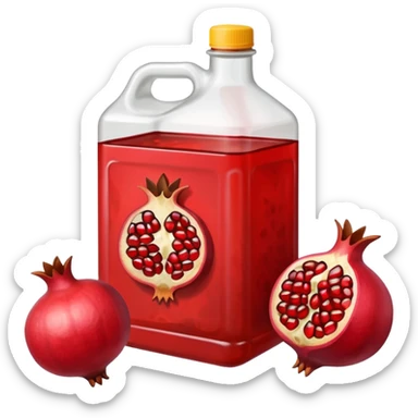 an open pomegranate and a plastic 20 liter rectangular container of used or burnt cooking oil sticker