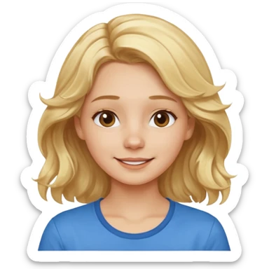 Happy blond girl with light weavy hair with a blue shirt but we can see only her face and neck and the top of the t shirt, no whole body sticker