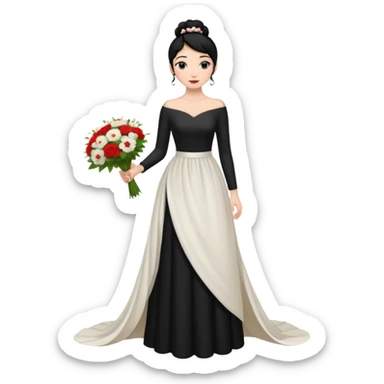 Chica blanca,cuerpo entero, vestido boda asimétrico sin vuelo ,manga larga ,de piel en el cuello, pelo negro,    ramo de flores una mano, pelo recogido en moño alto sticker