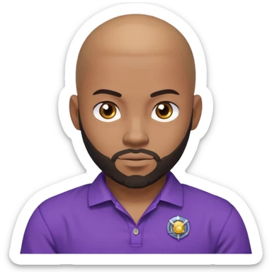 um jovem negro, careca, com barba, com um olhar confiante e olhando para frente, usando uma camisa roxa mostrando o seu beyblade. sticker