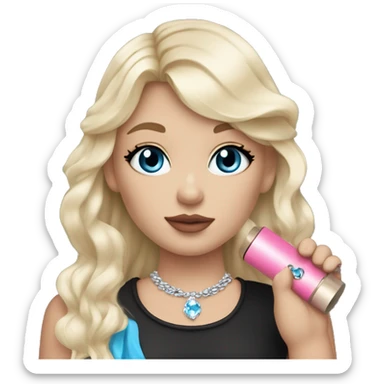 Blonde long hair with bangs, blue eyes, girl, pink lips, black eyeliner, red blush on cheeks and nose, pink eyeshadow, black shirt with lower arms shown shoulder, silver necklace with little blue diamond, holding little white pipe in one hand sticker