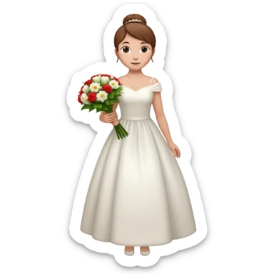 Chica blanca, pelo castaño con mondongos recogido, vestido novia invierno, cuerpo entero, con ramo de flores sticker
