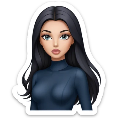 Glamours, tanned, very beautiful girl, with big pump peach-beige-rose lips, long long lashes, black straight smooth silky long hair, straight parting hair, blue-grey eyes in black long-sleeves bodysuit sticker