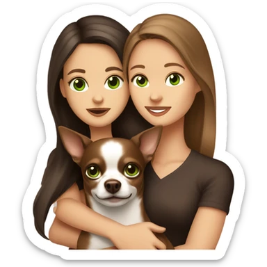 Long brown hair, green eyes, caucasian lady hugging dark brown chihuahua sticker