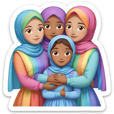 Four sister hugs Turkish girls beautiful finish Konya brown blue eyes with rainbow pastel hijab and heart dress and hugs  sticker