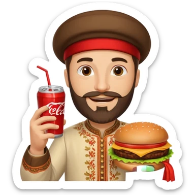 caucasian man with beard and armenian traditional costume, burger in one hand, coke in other sticker