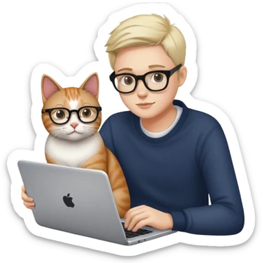 cat sitting next to person working on laptop sticker
