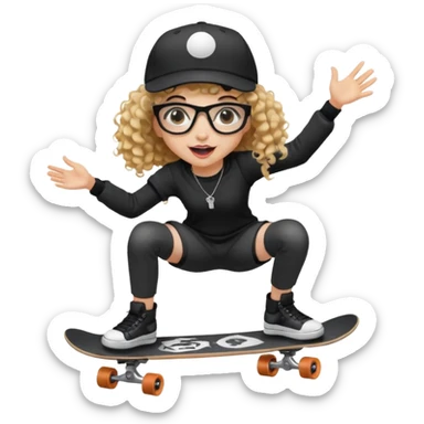 ["An excited girl with light skin, curly hair, wearing a baseball cap and square glasses, dressed in goth fashion, is skateboarding while holding a camera."] sticker