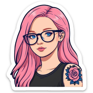 Photo Realistic dior female model, blue eyes and glasses, pink long hair, shoulder tattoo  sticker