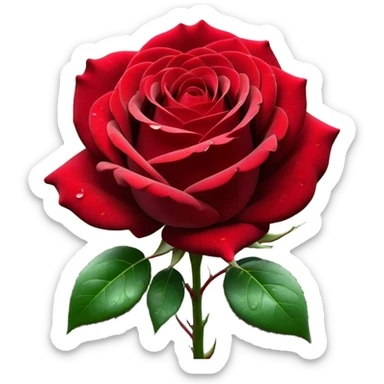Cinematic Realistic Rose Emoji, Elegant and full of grace, with velvety, deep red petals unfurling in a perfect bloom, dew drops glistening on the soft edges, and a faint fragrance hanging in the air. The lush green leaves surround the stem, creating a vibrant contrast to the rich color of the petals. Soft glowing outline, capturing the essence of timeless beauty and romance in a single bloom. sticker
